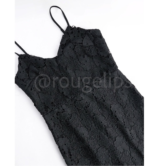 Black Guipure Lace Bodycon Dress Cami V-Neck Knee to Midi - Picture 8 of 12
